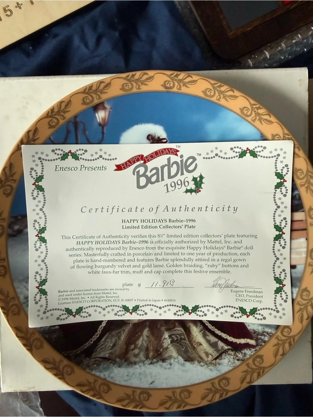 Barbie Happy Holidays 1996 Collectible Plate Burgundy & Gold